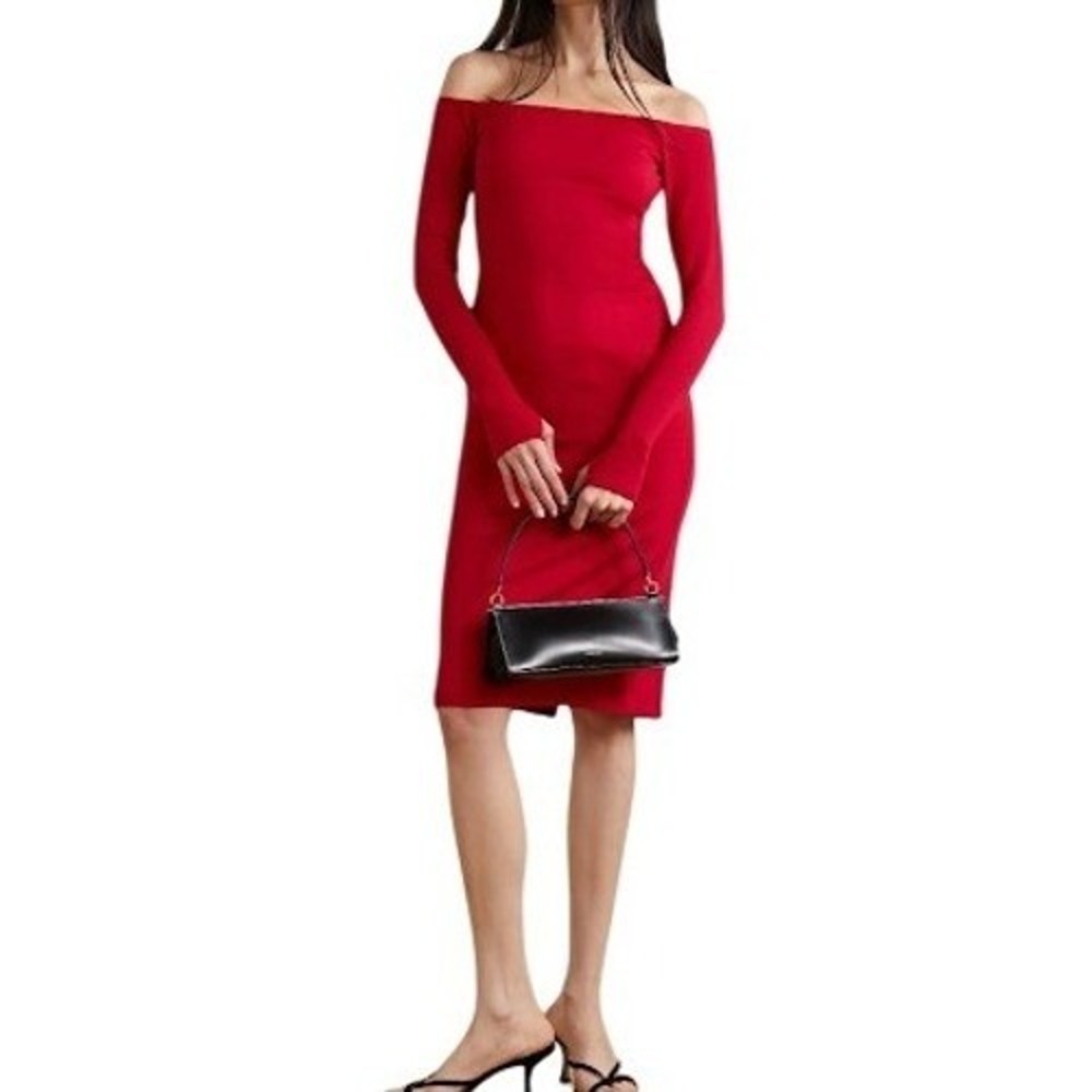 Alice + Olivia Dorinda Off-The-Shoulder Midi Dress Deep Ruby Red Size 14 NEW